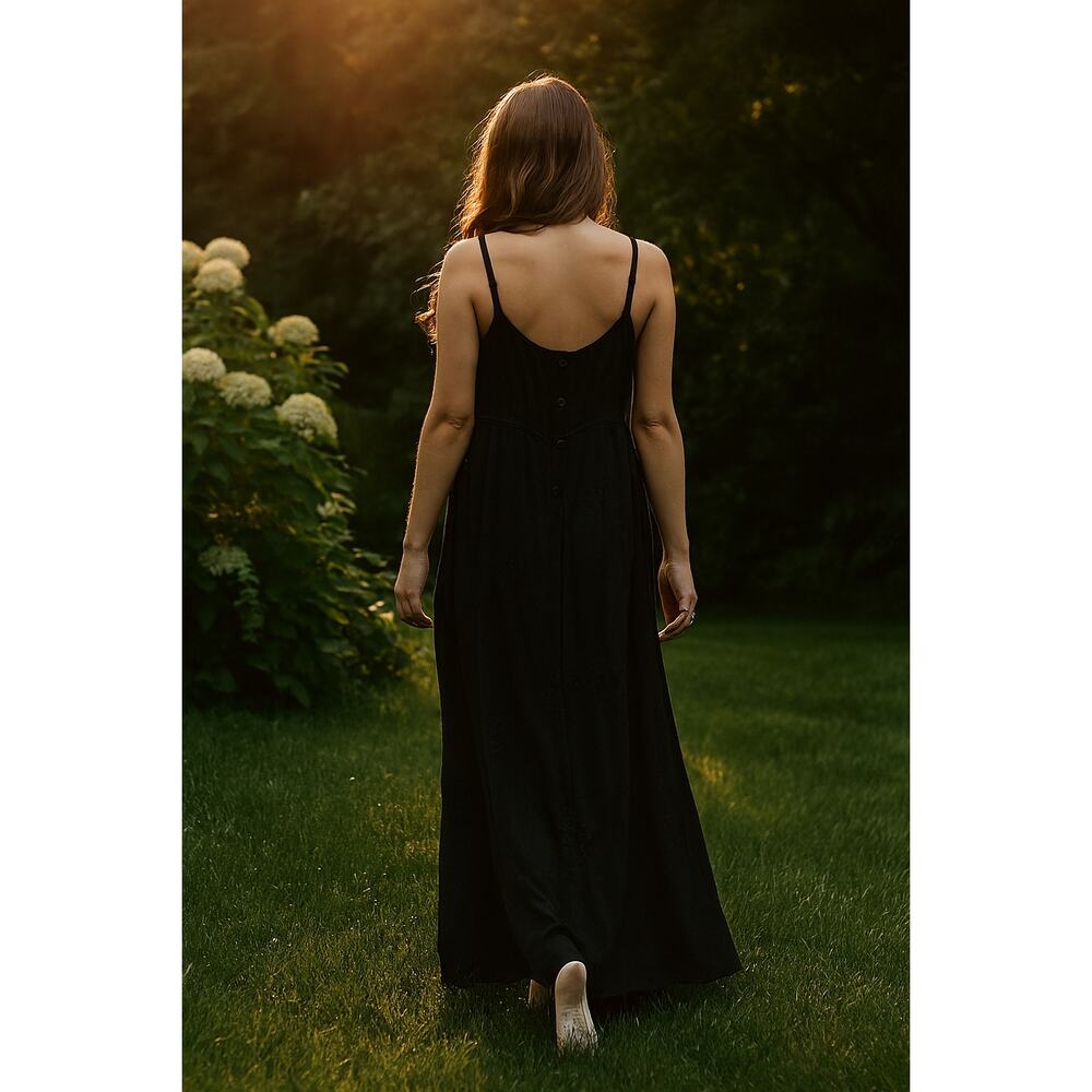 VTG Johnny Was Maxi Dress Small Black Embroidered Whimsigoth Boho Romance *Flaws